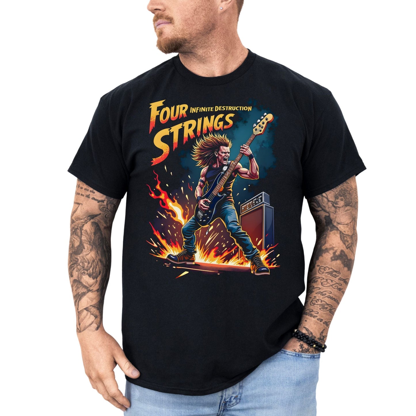 Four Strings, infinite Destruction - T-Shirt - Dax Metal Designs