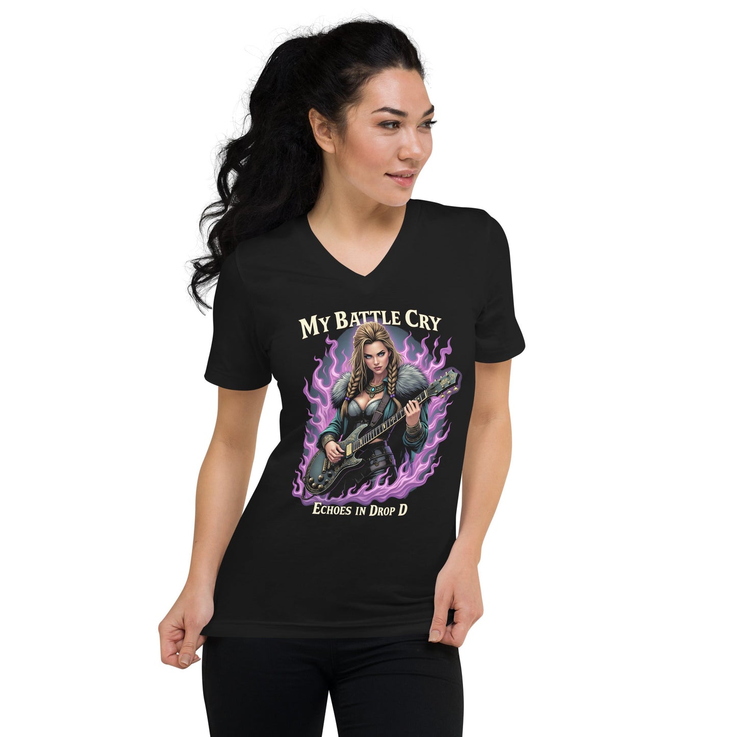 My Battlecry Echoes in Drop D - T-Shirt mit V - Ausschnitt - Dax Metal Designs
