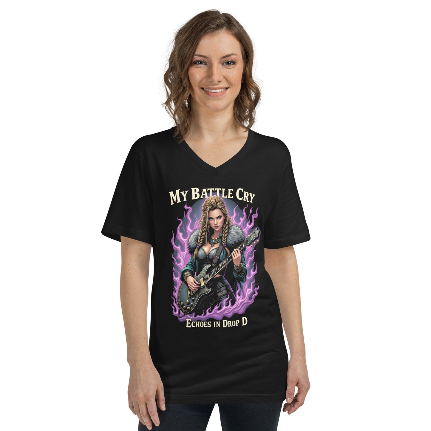 My Battlecry Echoes in Drop D - T-Shirt mit V - Ausschnitt - Dax Metal Designs