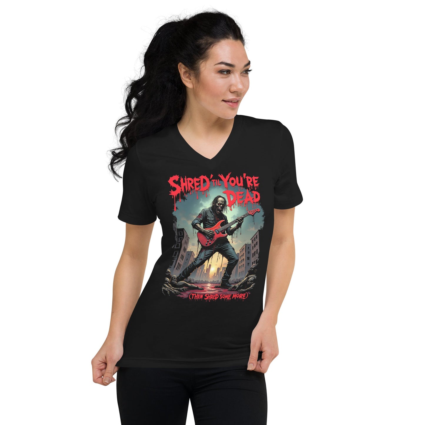 Shred 'Til You're Dead – Damen-T-Shirt mit V-Ausschnitt Metal T-Shirt von Dax Metal Designs – Bella+Canvas