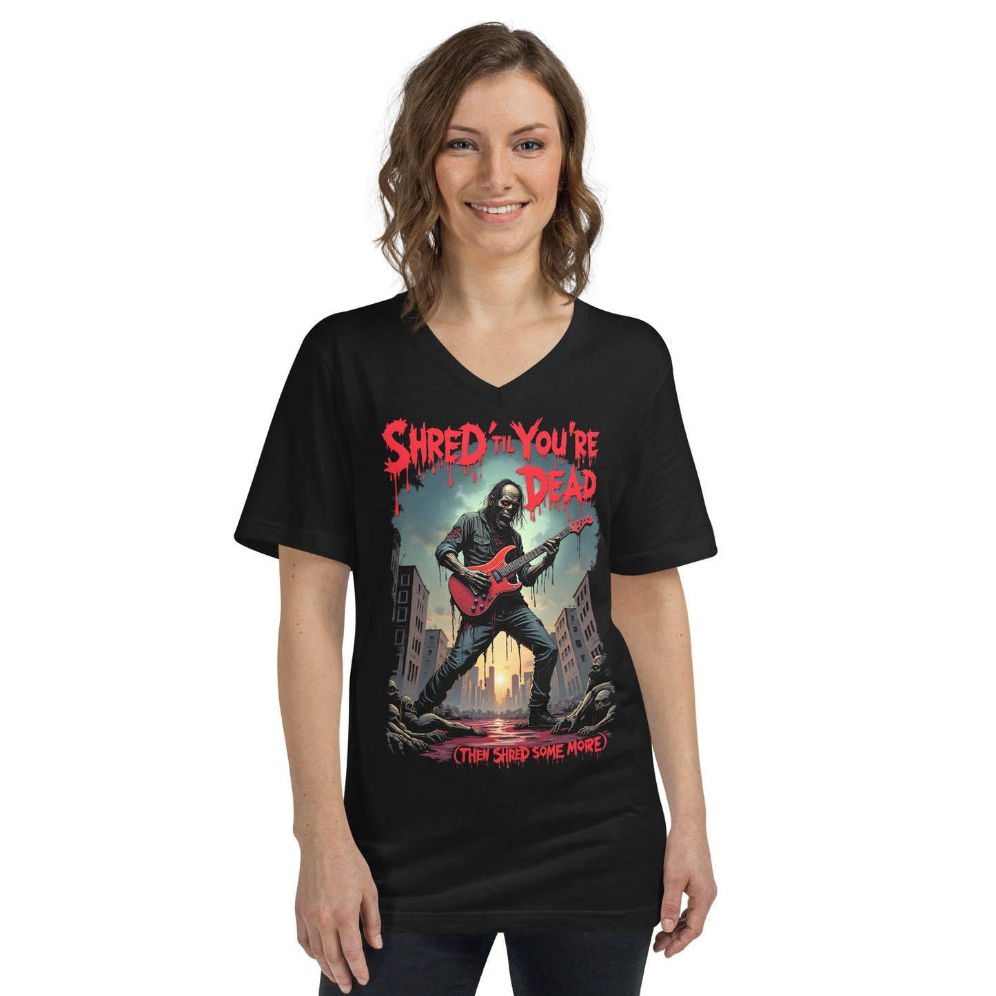 Shred 'Til You're Dead – Damen-T-Shirt mit V-Ausschnitt Metal T-Shirt von Dax Metal Designs – Bella+Canvas