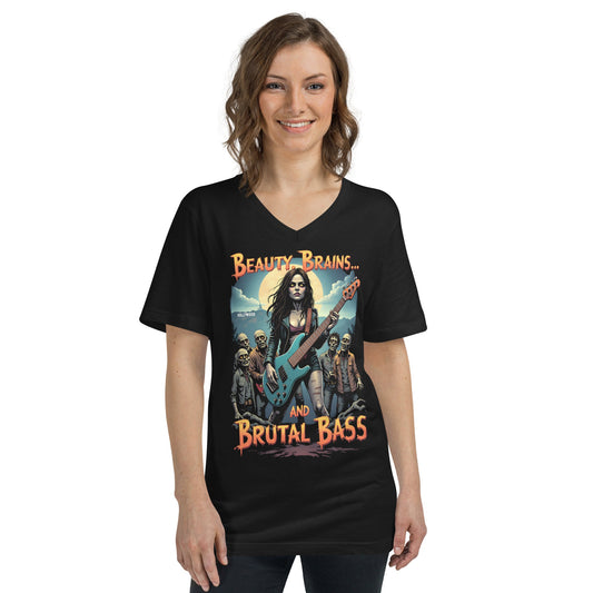 Beauty, Brains and Brutal Bass - T-Shirt mit V - Ausschnitt - Dax Metal Designs