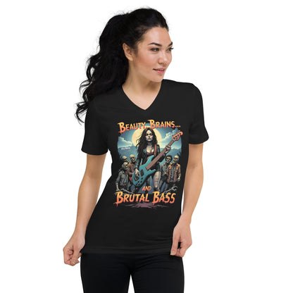 Beauty, Brains and Brutal Bass - T-Shirt mit V - Ausschnitt - Dax Metal Designs